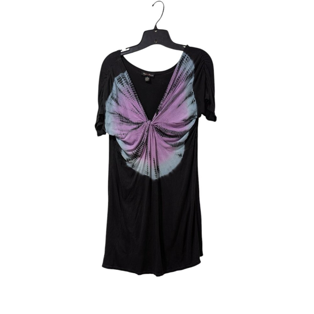 Club Collection Black & Purple Tie Dye Scrunched Front Short Sleeve Blouse Sz XL